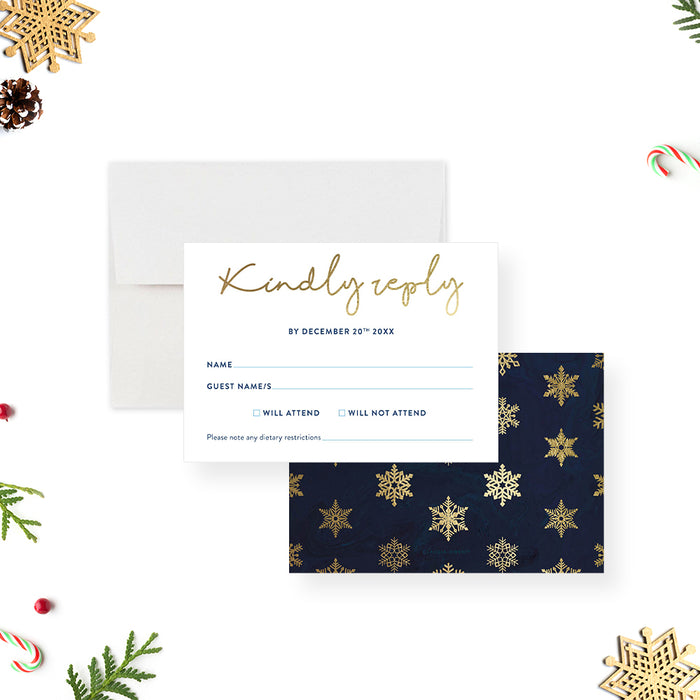 Corporate Holiday Invitation Card in Navy Blue with Beautiful Snowflakes, Elegant Christmas Team Dinner Invitations