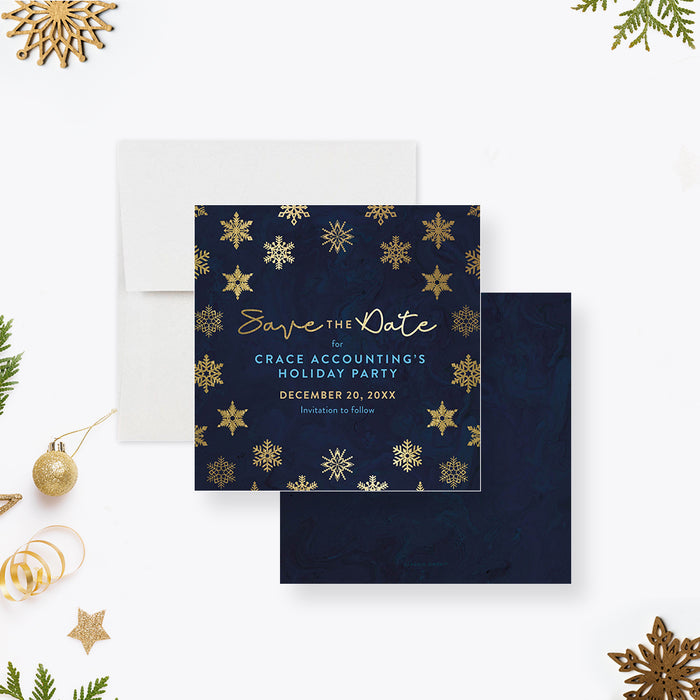 Corporate Save the Date Card in Navy Blue with Golden Snowflakes, Stylish Christmas Save the Date Card for Company Events