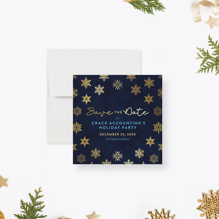 Corporate Save the Date Card in Navy Blue with Golden Snowflakes, Stylish Christmas Save the Date Card for Company Events