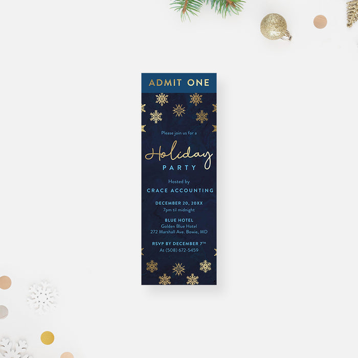Corporate Holiday Party Ticket Invitation in Navy Blue with Golden Snowflakes, Personalized Christmas Party Invitation Ticket for Corporate Events