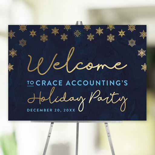 Navy and gold holiday welcome sign with snowflake accents, customizable with event details, perfect for Christmas parties, New Year’s Eve, and corporate events.