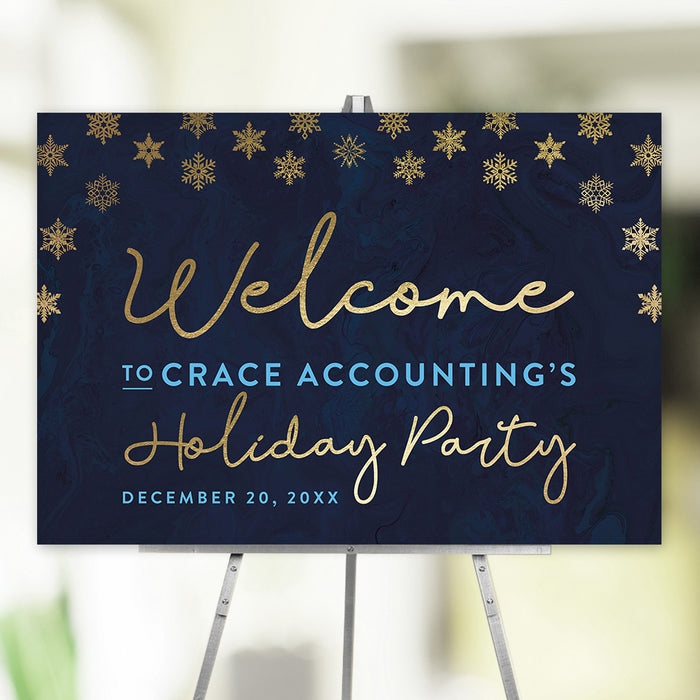 Navy and gold holiday welcome sign with snowflake accents, customizable with event details, perfect for Christmas parties, New Year’s Eve, and corporate events.