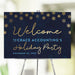 Navy and gold holiday welcome sign with snowflake accents, customizable with event details, perfect for Christmas parties, New Year’s Eve, and corporate events.