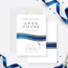 corporate open house invitation with navy ribbon, scissors illustration, new office ribbon cutting details, and custom event wording-front-back
