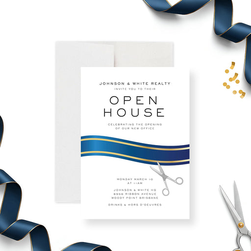 corporate open house invitation with navy ribbon, scissors illustration, new office ribbon cutting details, and custom event wording-front