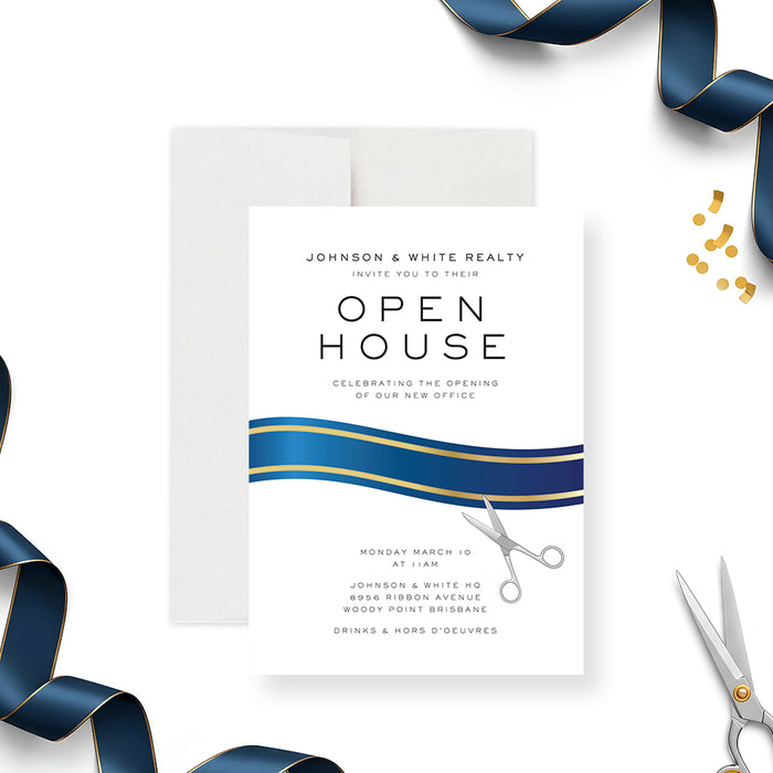 corporate open house invitation with navy ribbon, scissors illustration, new office ribbon cutting details, and custom event wording-front