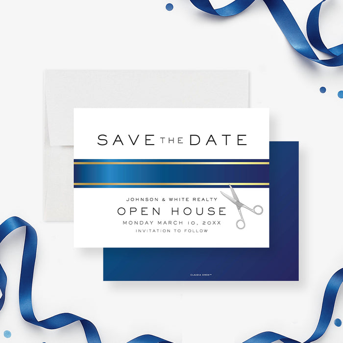 corporate open house save the date card with blue ribbon design, scissors illustration, and ribbon cutting event details-front-back
