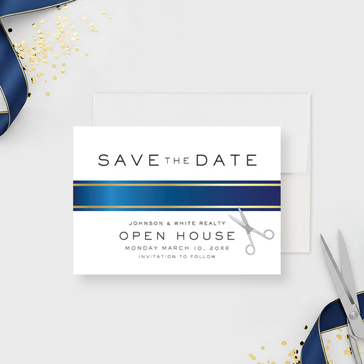corporate open house save the date card with blue ribbon design, scissors illustration, and ribbon cutting event details-front