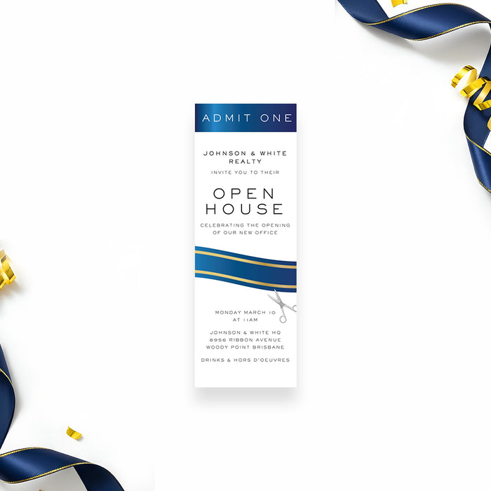 corporate open house ticket invitation with blue ribbon cutting design, modern layout, and custom business event details