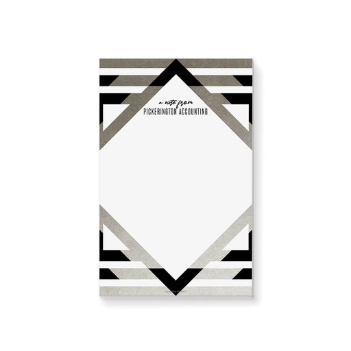 personalized corporate notepad with black and silver geometric design and custom company name for office stationery