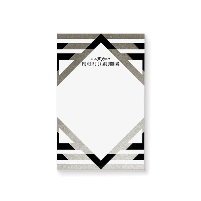 personalized corporate notepad with black and silver geometric design and custom company name for office stationery