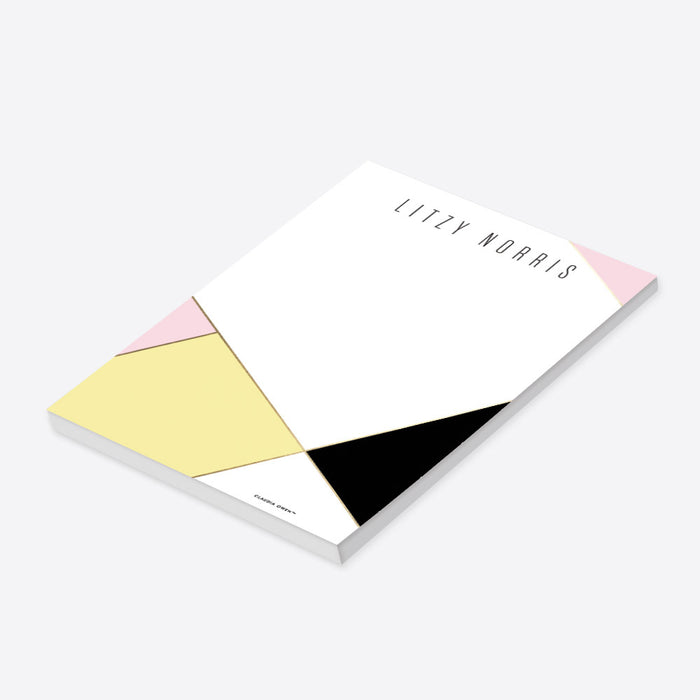 personalized corporate notepad with modern geometric color block design in pink, pale yellow, black, and gold with custom name-side