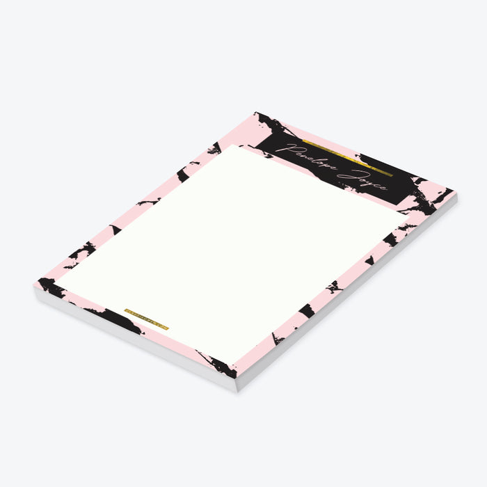 personalized corporate notepad with pink and black marble design, black header, gold accent details, and custom name-side