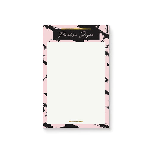 personalized corporate notepad with pink and black marble design, black header, gold accent details, and custom name