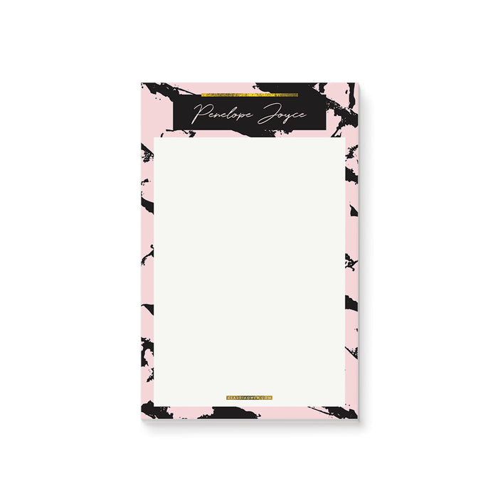 personalized corporate notepad with pink and black marble design, black header, gold accent details, and custom name