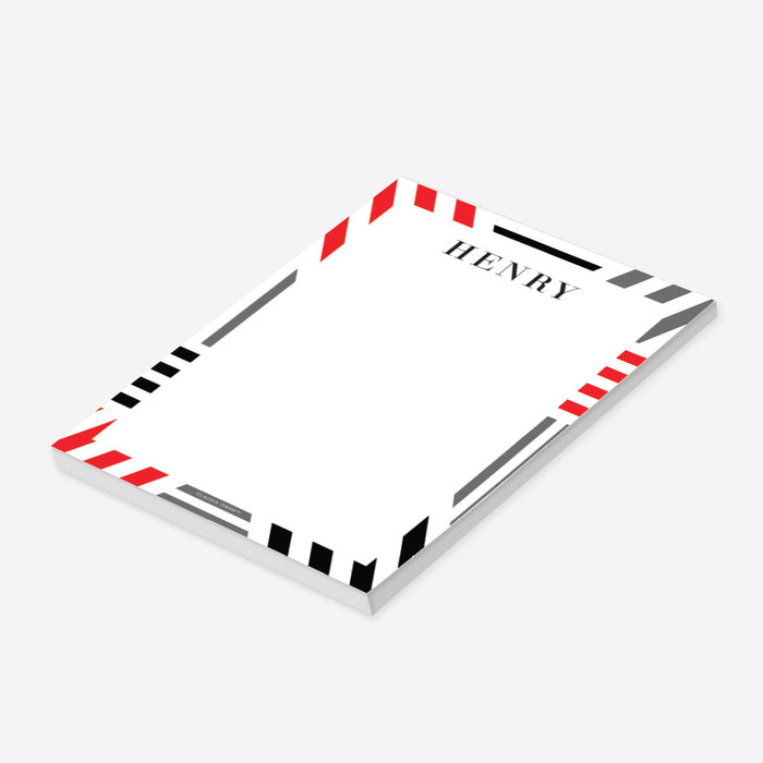 personalized corporate notepad with red, black, and gray geometric border design and custom name for office stationery-side