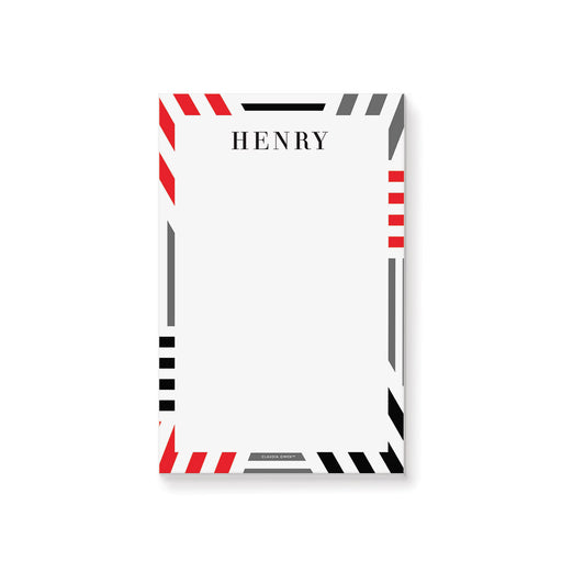 personalized corporate notepad with red, black, and gray geometric border design and custom name for office stationery