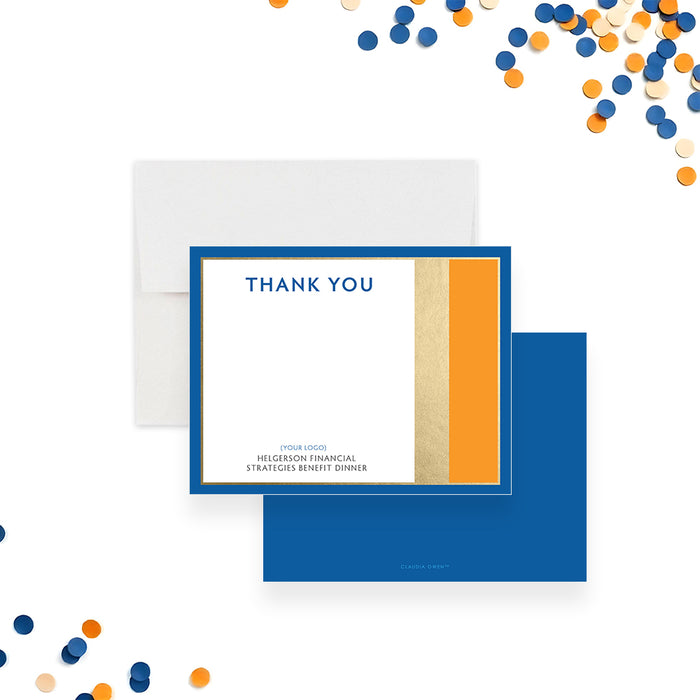 Elegant thank you card with blue, gold, and orange accents for professional and corporate appreciation.-front-back