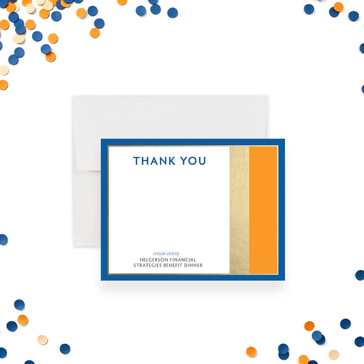 Elegant thank you card with blue, gold, and orange accents for professional and corporate appreciation.-front