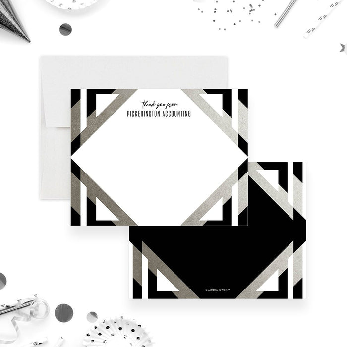 corporate thank you card with black and silver geometric design and custom company name for professional business notes-front-back