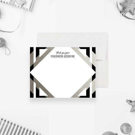 corporate thank you card with black and silver geometric design and custom company name for professional business notes-front