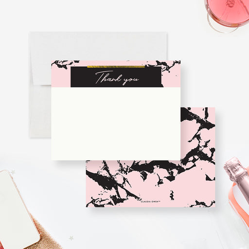 corporate thank you card with pink and black marble design, black header, gold accent details, and personalized business name-front-back