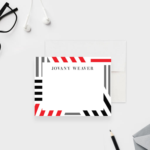 corporate thank you card with red, black, and gray geometric border design and custom name for professional business notes-front