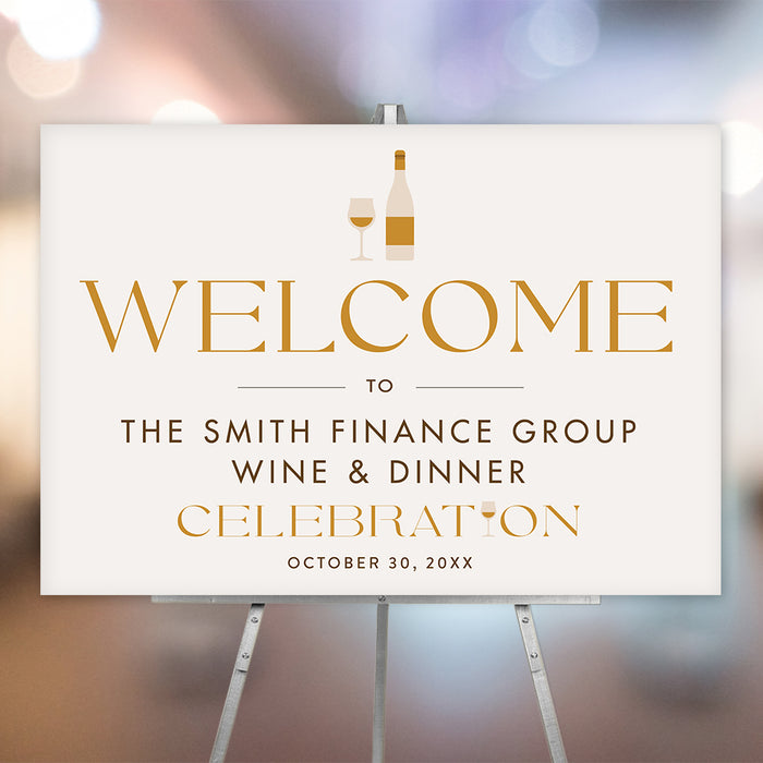 Elegant wine and dinner welcome sign with wine bottle and glass illustration, personalized event signage for formal dinners or corporate celebrations