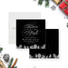 corporate winter gala save the date card with elegant script lettering, black background, gray botanical accents, and custom event details-front-back