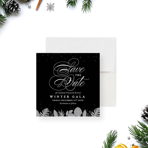 corporate winter gala save the date card with elegant script lettering, black background, gray botanical accents, and custom event details-front