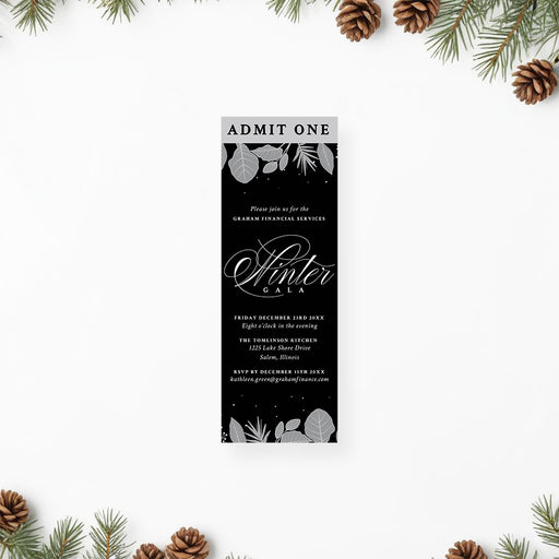 corporate winter gala ticket invitation with black background, gray botanical foliage, elegant script lettering, and admit one panel