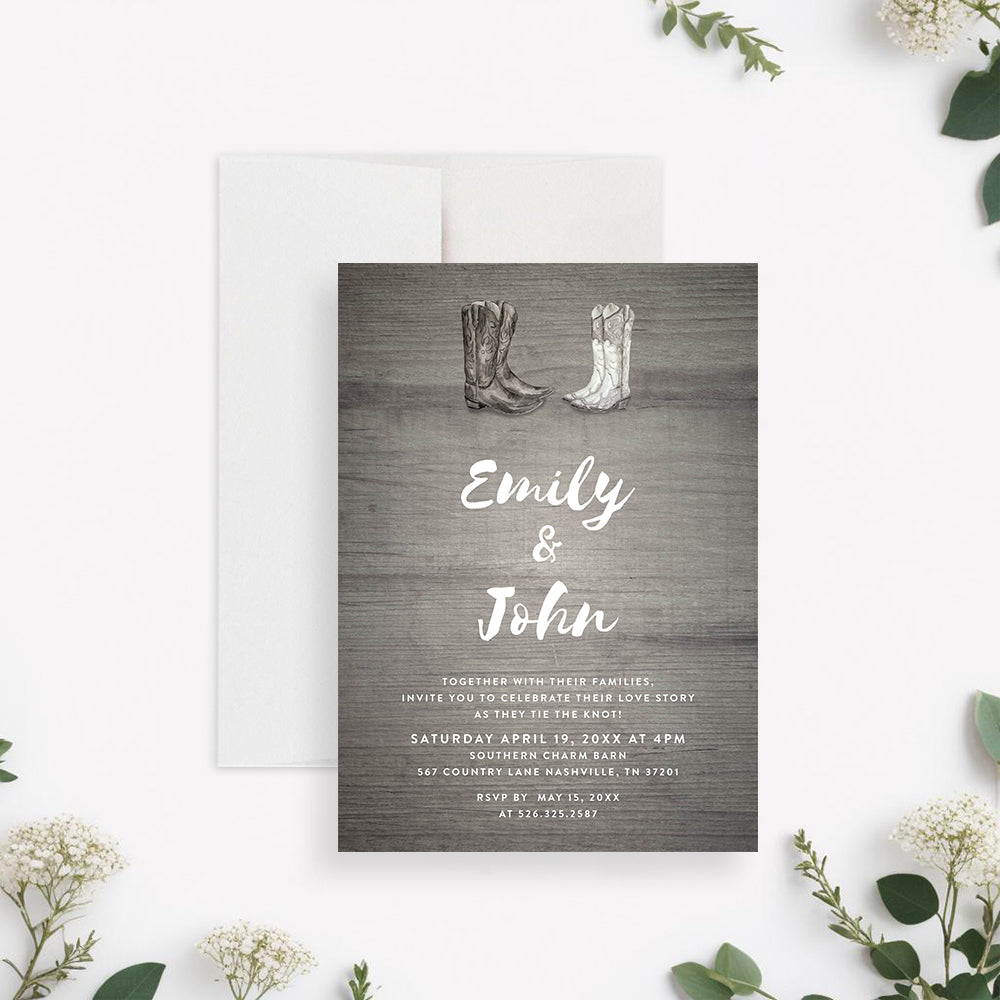 Country Wedding Invitation with Cowboy Boots and Rustic Charm, image size:1000x1000