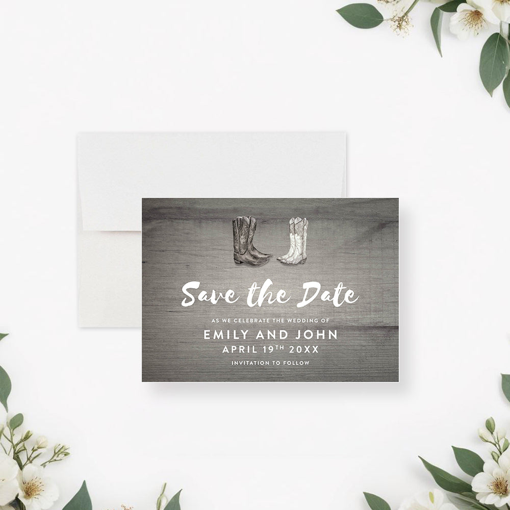 Rustic Save the Date Card with Cowboy Boots for Country Wedding