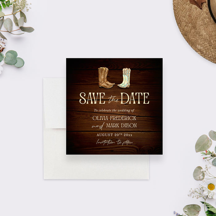 Rustic western save the date card with cowboy boots on a dark wooden background for a country or barn wedding celebration.-front