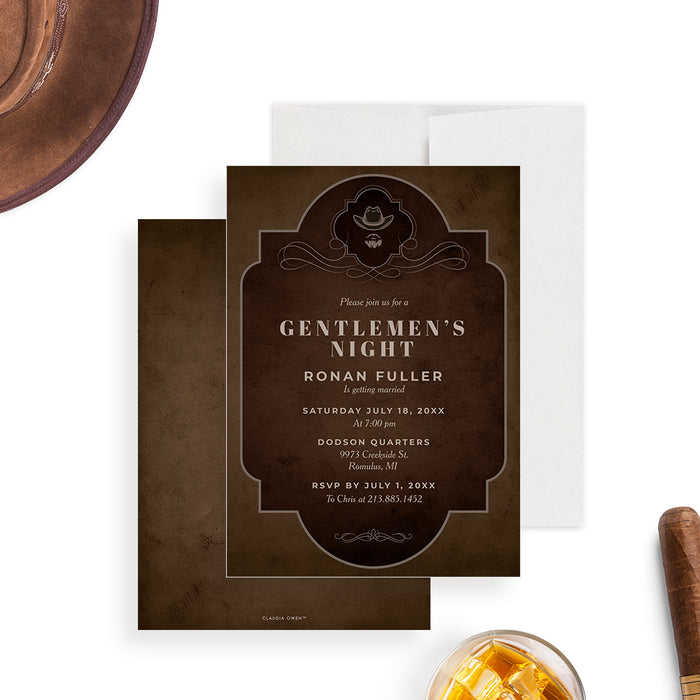 Western-style gentlemen’s night invitation with mustache and cowboy hat design, featuring a rustic, vintage, and masculine style.-front-back