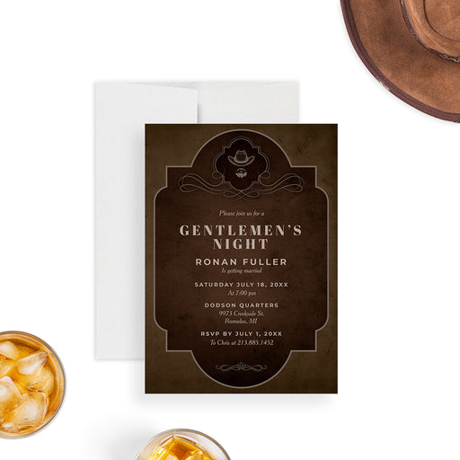 Western-style gentlemen’s night invitation with mustache and cowboy hat design, featuring a rustic, vintage, and masculine style.-front