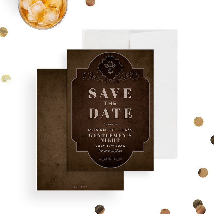 Rustic brown vintage save-the-date card featuring a western cowboy hat and mustache design, intended as a pre-invitation for bachelor or gentlemen’s night events.-front-back