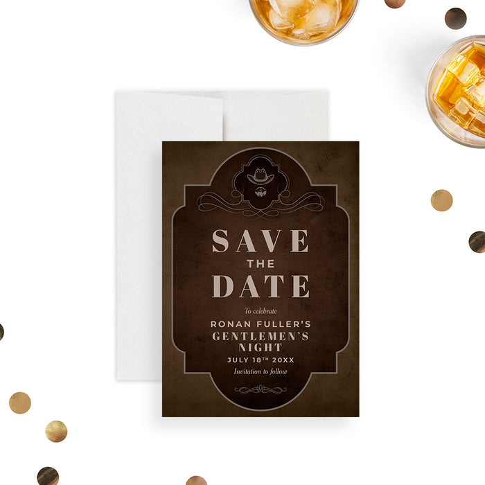Rustic brown vintage save-the-date card featuring a western cowboy hat and mustache design, intended as a pre-invitation for bachelor or gentlemen’s night events.-front