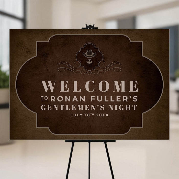 Rustic western gentlemen’s night welcome sign with cowboy hat and mustache, use as event entrance sign or party decoration