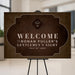 Rustic western gentlemen’s night welcome sign with cowboy hat and mustache, use as event entrance sign or party decoration