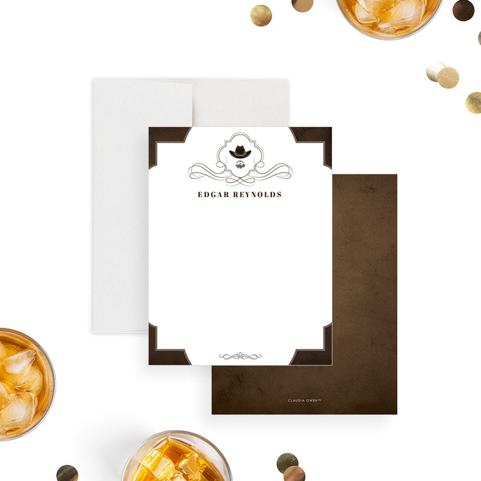 Cowboy-themed personalized note card featuring a rustic brown cowboy hat and mustache design, a classy touch for your Western celebration.-front-back