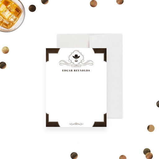 Cowboy-themed personalized note card featuring a rustic brown cowboy hat and mustache design, a classy touch for your Western celebration.-front