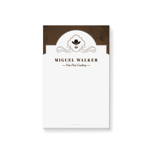 Cowboy-themed personalized notepad with a rustic brown header, featuring a cowboy hat and mustache design—a unique stationery set for men.