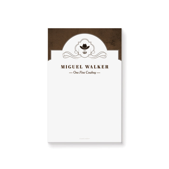 Cowboy-themed personalized notepad with a rustic brown header, featuring a cowboy hat and mustache design—a unique stationery set for men.