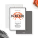 crab boil party invitation with orange crab illustration, black gingham border, bold lettering, and seafood boil event details-front-back
