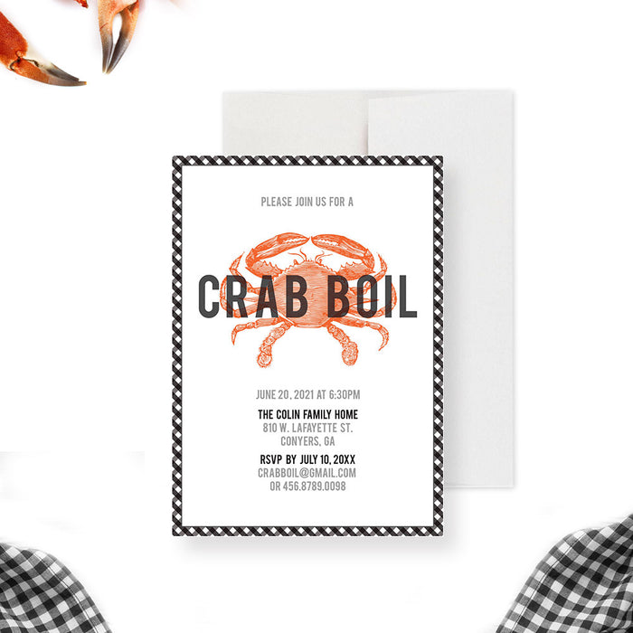 crab boil party invitation with orange crab illustration, black gingham border, bold lettering, and seafood boil event details-front