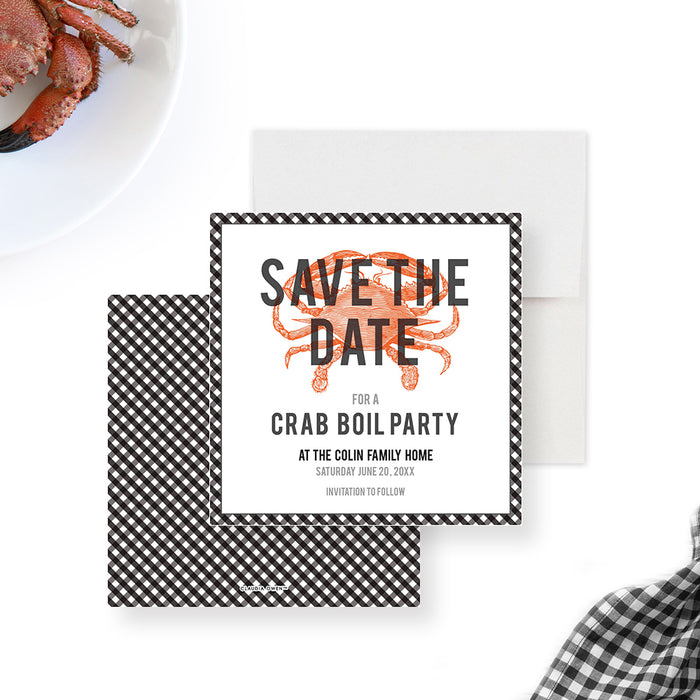 crab boil save the date card with orange crab illustration, black gingham border, bold lettering, and seafood party details-front-back