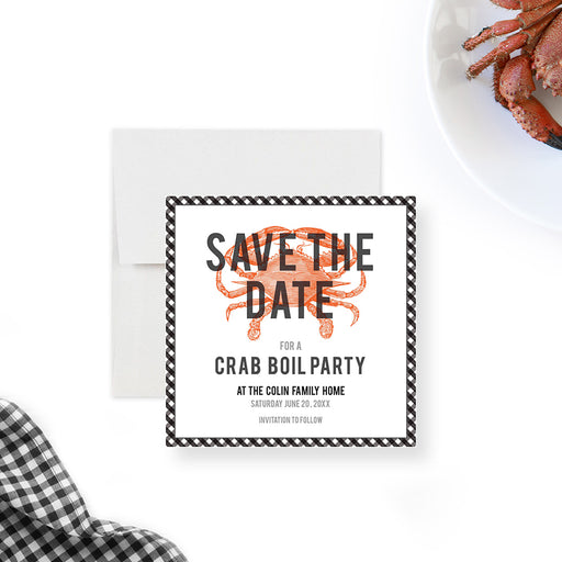 crab boil save the date card with orange crab illustration, black gingham border, bold lettering, and seafood party details-front