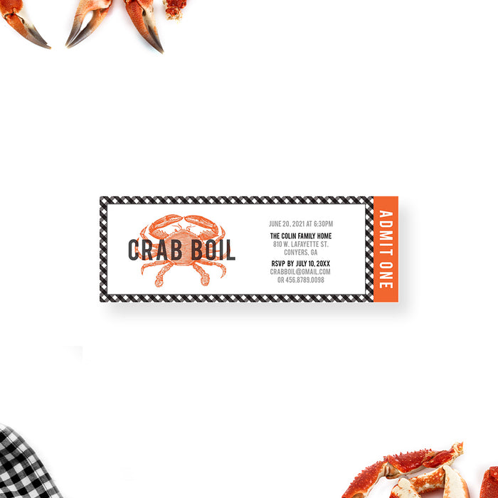 crab boil ticket invitation with orange crab illustration, black gingham border, admit one panel, and seafood party details