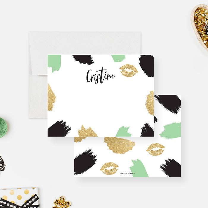 Trendy Note Card in Black Green and Gold with Kiss Mark, Cheeky Birthday Thank You Card, Personalized Stationery for Women